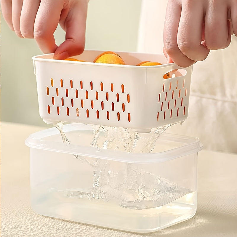 Set of 6pcs Including 2 Containers, 2 Drain Baskets, And 2 Lids. These Food-Grade Storage Boxes Feature a Drainage Function And Are Designed for Breathable Storage. They Are Stackable Household Baskets Suitable for Organizing Fruits, Vegetables