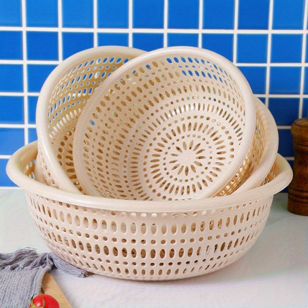 3pcs round rice washing sieve, household thick fruit and vegetable basket, storage and drainage basket, kitchen multifunctional water filtration basket, household simple design