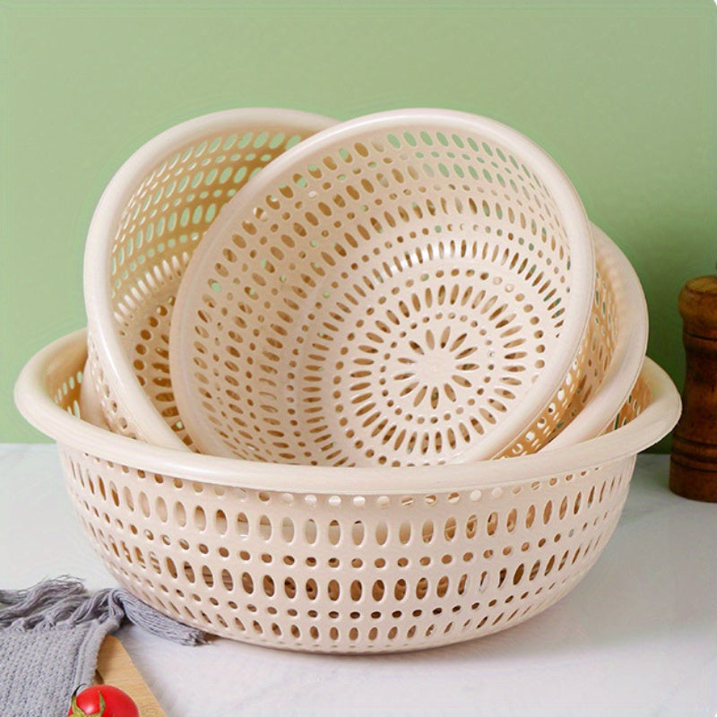 3pcs round rice washing sieve, household thick fruit and vegetable basket, storage and drainage basket, kitchen multifunctional water filtration basket, household simple design