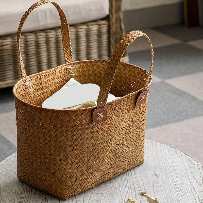 European-Style Natural Wicker Handbag | Versatile Storage Basket Ideal for Umbrellas, Tissues, Beverages | Shopping Tote | Oval Rattan Container | Spacious Home Storage Solution | Perfect Gift Choice for Christmas And Thanksgiving, Shelf Baskets