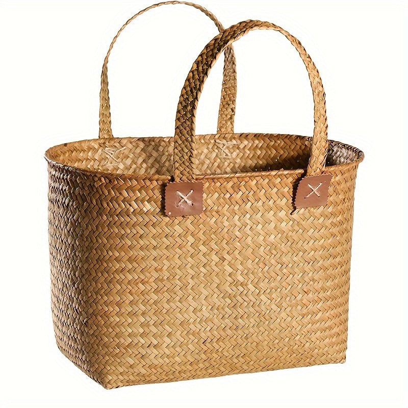 European-Style Natural Wicker Handbag | Versatile Storage Basket Ideal for Umbrellas, Tissues, Beverages | Shopping Tote | Oval Rattan Container | Spacious Home Storage Solution | Perfect Gift Choice for Christmas And Thanksgiving, Shelf Baskets