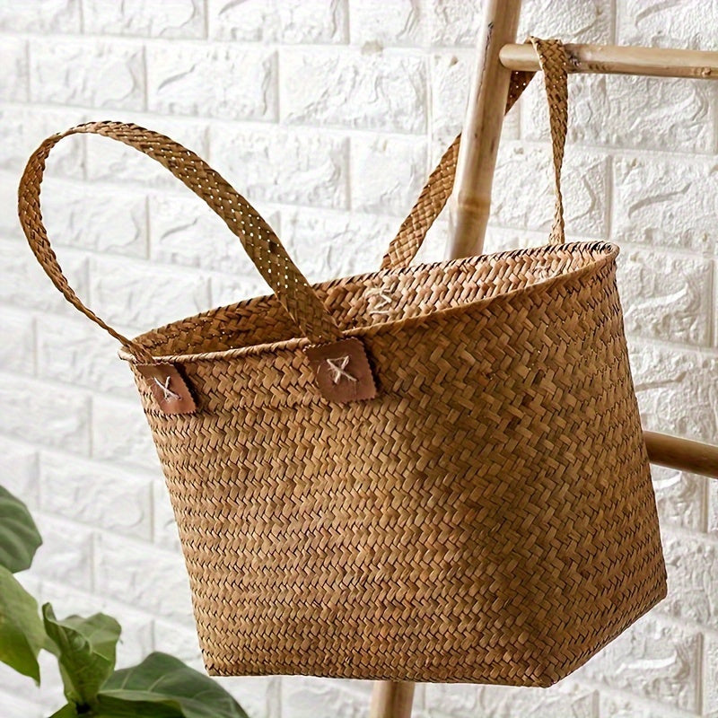 European-Style Natural Wicker Handbag | Versatile Storage Basket Ideal for Umbrellas, Tissues, Beverages | Shopping Tote | Oval Rattan Container | Spacious Home Storage Solution | Perfect Gift Choice for Christmas And Thanksgiving, Shelf Baskets