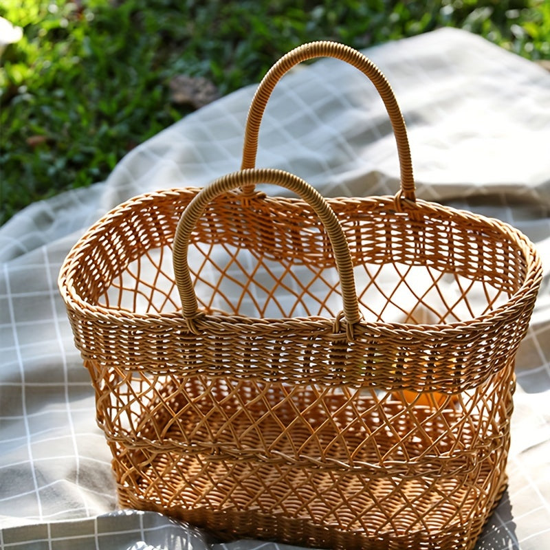 Portable Woven Rattan-Style Plastic Picnic Basket - Lightweight & Sturdy Wicker-Like Outdoor\u002F Use, Brown Shopping Cart for Groceries, Beach, Park, Camping - Durable Woven Basket (No Heavy-Duty)