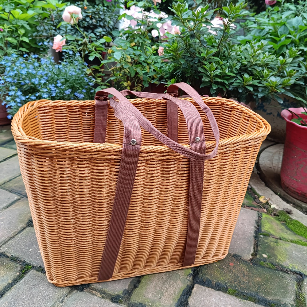 1\u002F3pcs Handmade Shelving Additions - Faux Rattan Woven, Handheld Outdoor Picnic Basket, S Fruit Shopping Grocery Tote, Retro Style with Brown Handle for Outdoor Picnics, Home Storage And Decor, Picnic Essentials Carrier Non-Food Direct Contact