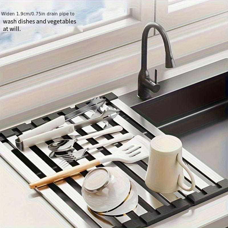 A Collapsible Draining Tool, a 304 Stainless Steel Kitchen Sink Drainer Rack for Bowls And Dishes, Featuring a Foldable And Expandable Draining Basket