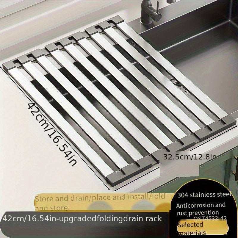A Collapsible Draining Tool, a 304 Stainless Steel Kitchen Sink Drainer Rack for Bowls And Dishes, Featuring a Foldable And Expandable Draining Basket