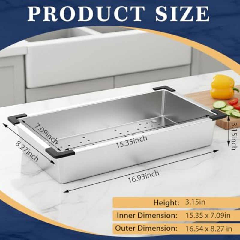 8.27 x 16.93 Inch Stainless Steel Colander | Thickened Over the Sink, Sink Strainer Basket for Washing and Draining Vegetables, Fruits, Dishes