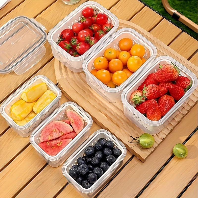 Set of 6pcs Including 2 Containers, 2 Drain Baskets, And 2 Lids. These Food-Grade Storage Boxes Feature a Drainage Function And Are Designed for Breathable Storage. They Are Stackable Household Baskets Suitable for Organizing Fruits, Vegetables