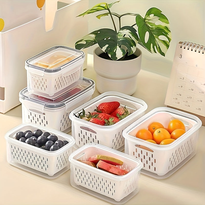 Set of 6pcs Including 2 Containers, 2 Drain Baskets, And 2 Lids. These Food-Grade Storage Boxes Feature a Drainage Function And Are Designed for Breathable Storage. They Are Stackable Household Baskets Suitable for Organizing Fruits, Vegetables