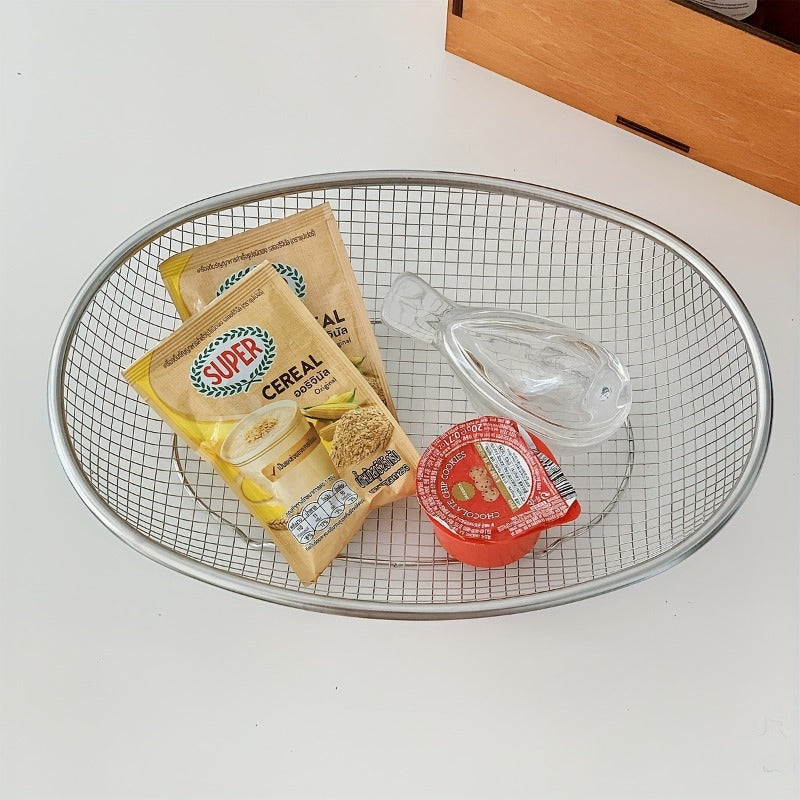 1\u002F2pcs Stainless Steel Elliptical Draining Basket with Drainage Holes - Heavy-Duty Multi- Fruit\u002FVegetable Wash Basket, Snack Storage Container Suitable, Bathroom, Picnic & Travel - Hygienic Drainable Storage Basket, Shelf Baskets