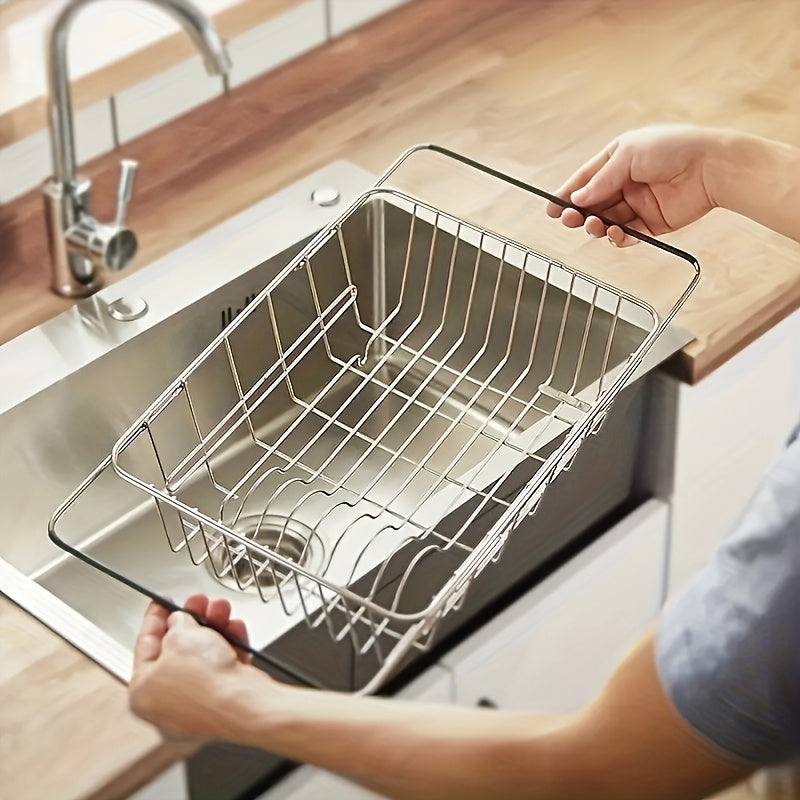 Heavy-duty Adjustable Sink Strainer Basket - Telescopic Draining Rack with Handle, Suitable for Dishes and Fruit\u002Fvegetable Drying. Easy-to-clean Stainless Steel Kitchen Storage Basket, Ideal for Modern Homes and Restaurants. Compact Design