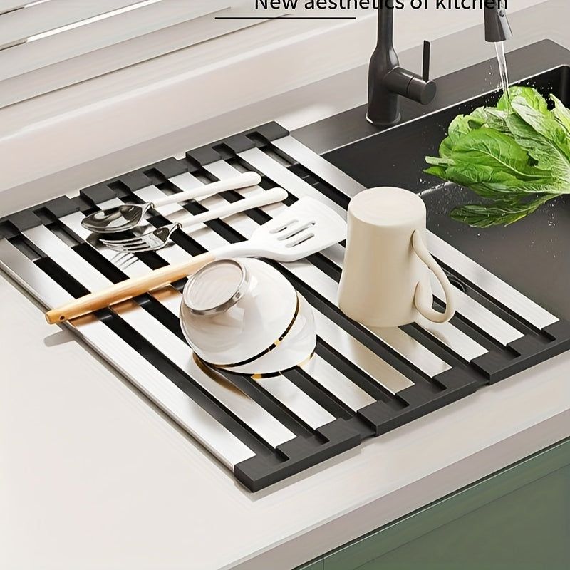 A Collapsible Draining Tool, a 304 Stainless Steel Kitchen Sink Drainer Rack for Bowls And Dishes, Featuring a Foldable And Expandable Draining Basket