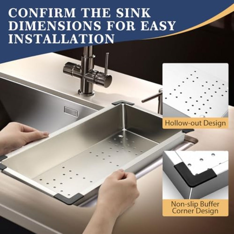 8.27 x 16.93 Inch Stainless Steel Colander | Thickened Over the Sink, Sink Strainer Basket for Washing and Draining Vegetables, Fruits, Dishes