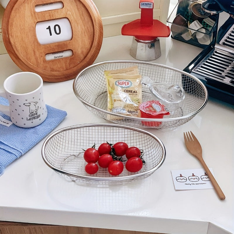 1\u002F2pcs Stainless Steel Elliptical Draining Basket with Drainage Holes - Heavy-Duty Multi- Fruit\u002FVegetable Wash Basket, Snack Storage Container Suitable, Bathroom, Picnic & Travel - Hygienic Drainable Storage Basket, Shelf Baskets