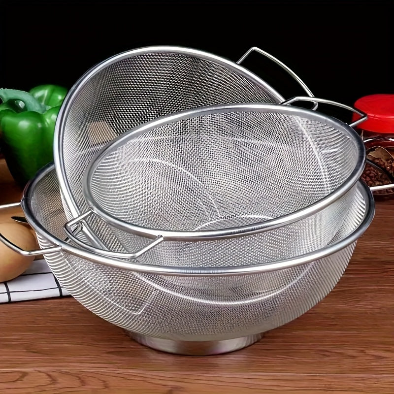 3pcs Stainless steel leak basket, fine mesh filter with handle, metal drain basket, suitable for pasta, vegetables, rice, fruits, kitchen essentials