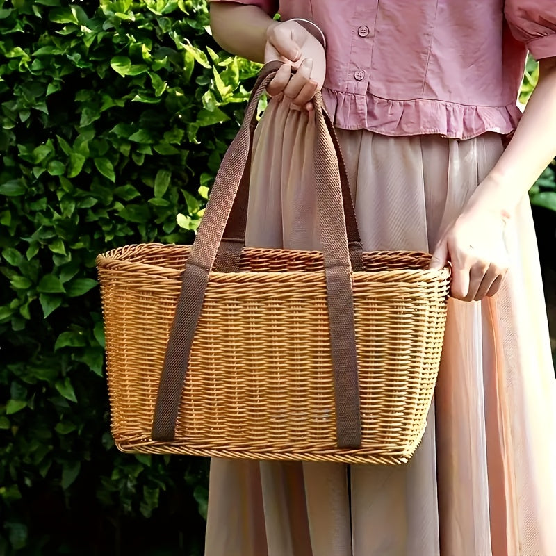 1\u002F3pcs Handmade Shelving Additions - Faux Rattan Woven, Handheld Outdoor Picnic Basket, S Fruit Shopping Grocery Tote, Retro Style with Brown Handle for Outdoor Picnics, Home Storage And Decor, Picnic Essentials Carrier Non-Food Direct Contact