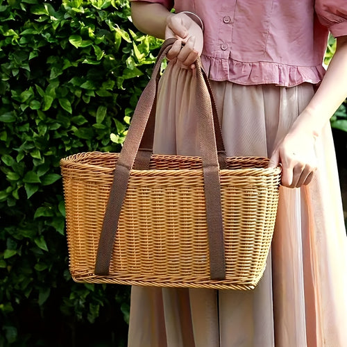 1\u002F3pcs Handmade Shelving Additions - Faux Rattan Woven, Handheld Outdoor Picnic Basket, S Fruit Shopping Grocery Tote, Retro Style with Brown Handle for Outdoor Picnics, Home Storage And Decor, Picnic Essentials Carrier Non-Food Direct Contact