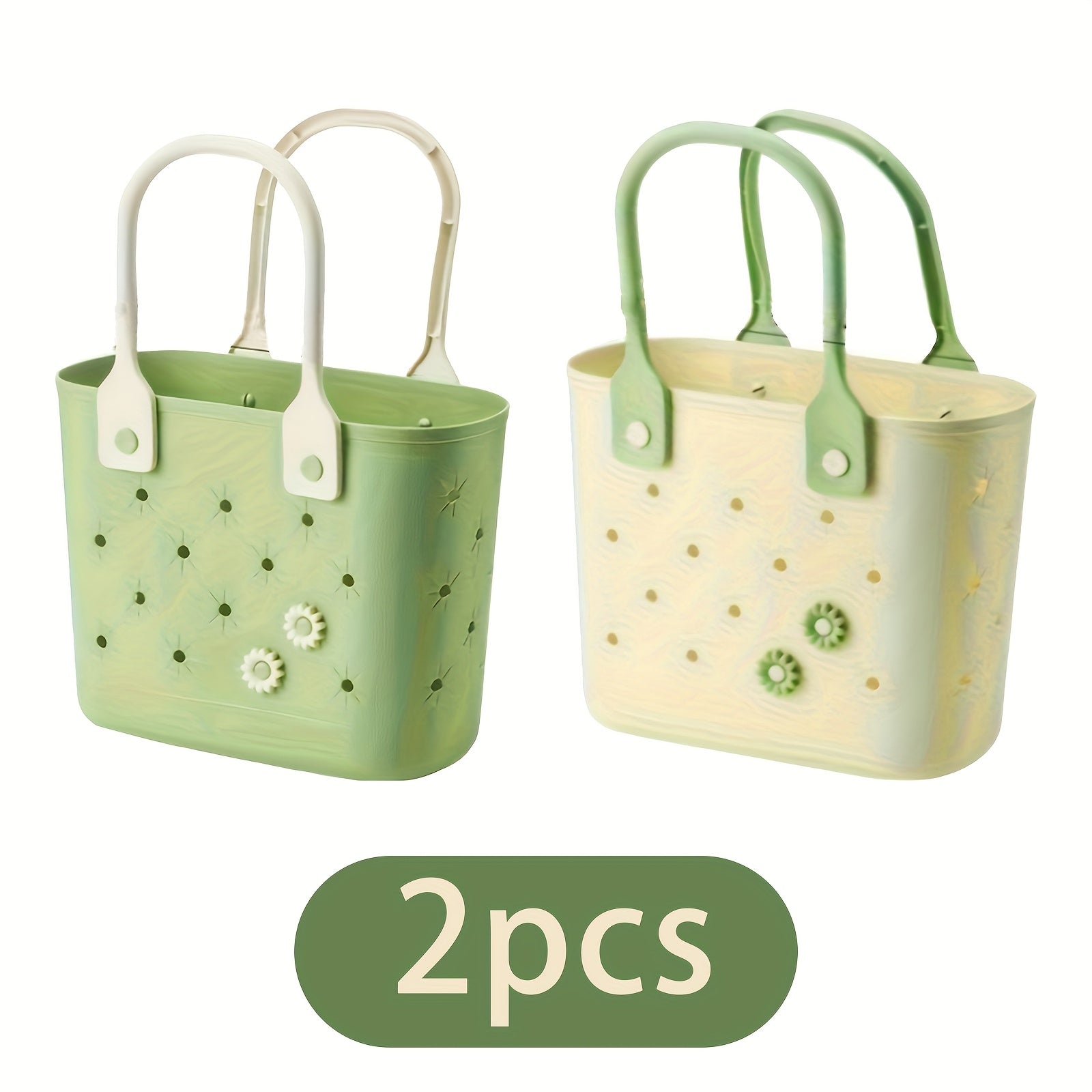 2pcs Floral Tote Bag Floral Pattern Rubber Beach Tote Bag, Durable, Soft Handles, Multipurpose Storage for Bath Essentials, Shopping, Camping - Reusable All-in-One Personal Care Organizer for Home & Travel