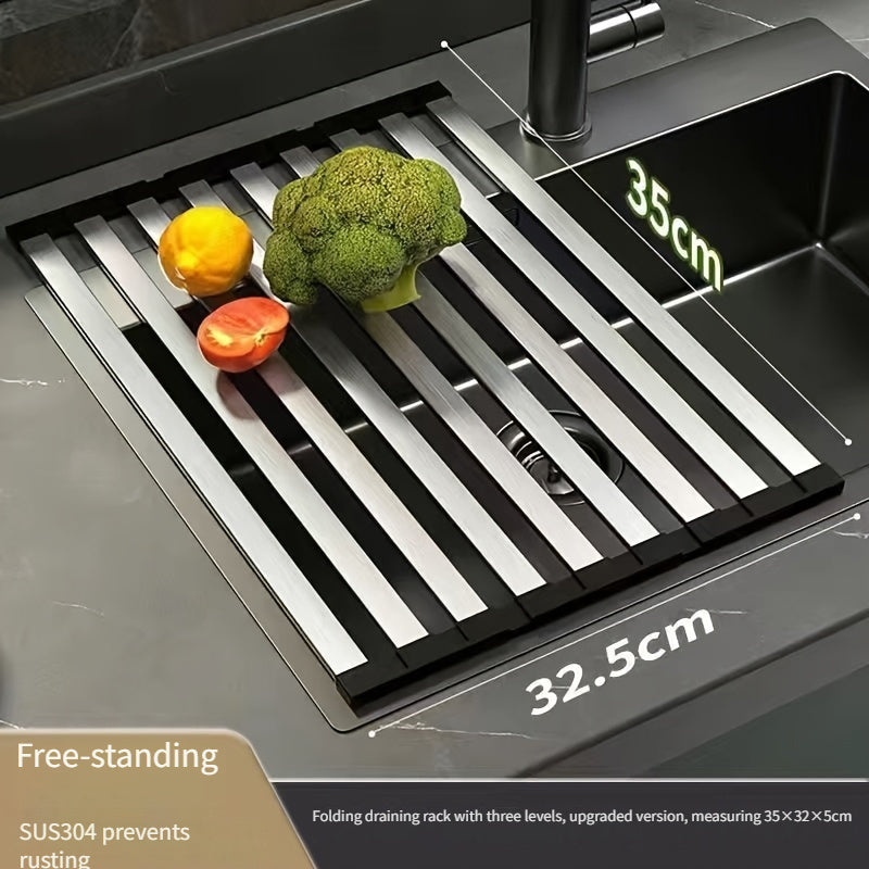 A Collapsible Draining Tool, a 304 Stainless Steel Kitchen Sink Drainer Rack for Bowls And Dishes, Featuring a Foldable And Expandable Draining Basket