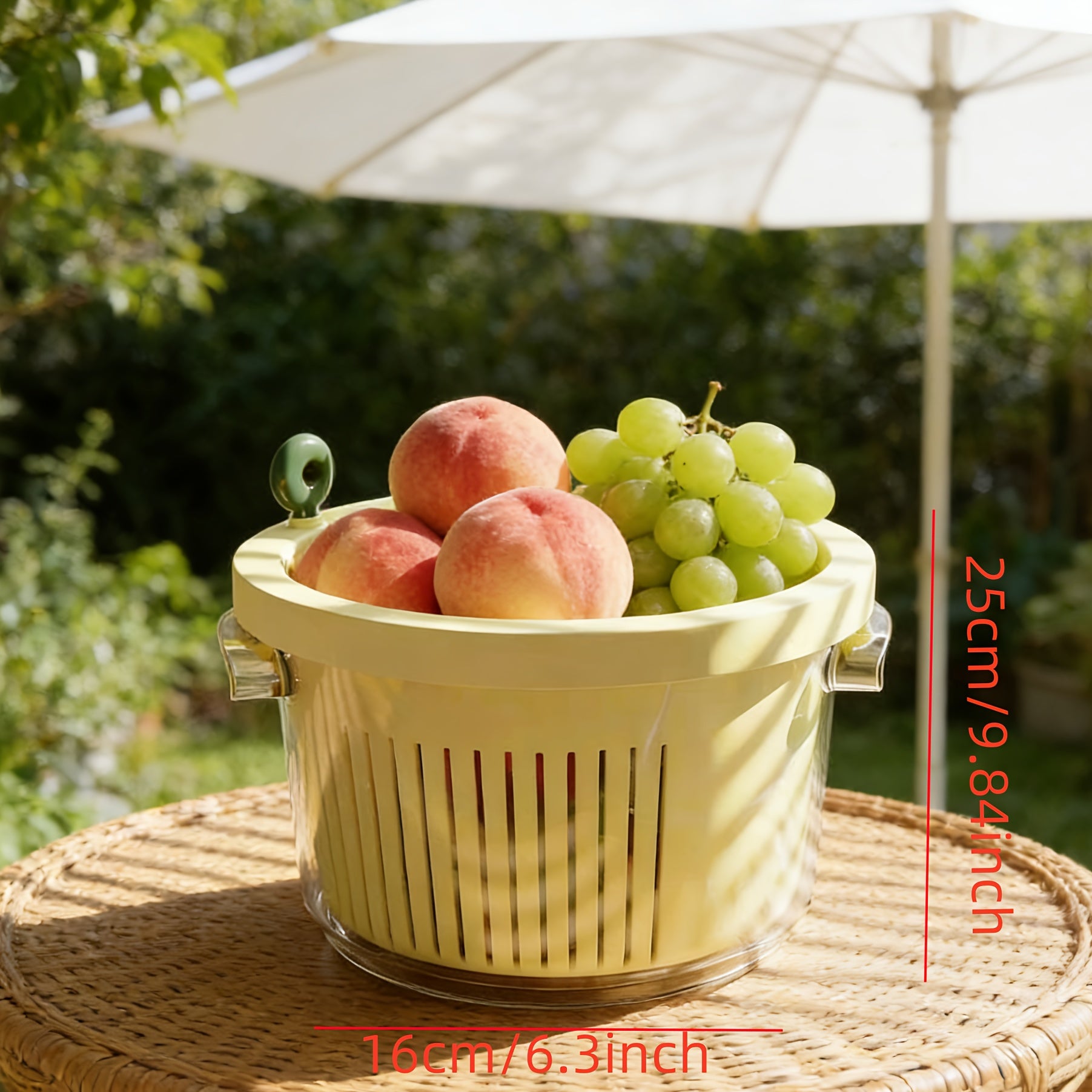 New Double-layer Transparent Rotating Draining Basket with a Simple and Practical Design. Features Dual Handles for Easy Carrying. Suitable for Kitchen Vegetable Washing, Fruit Storage, Outdoor Picnics, and Serving Fruits and Vegetables at Gatherings