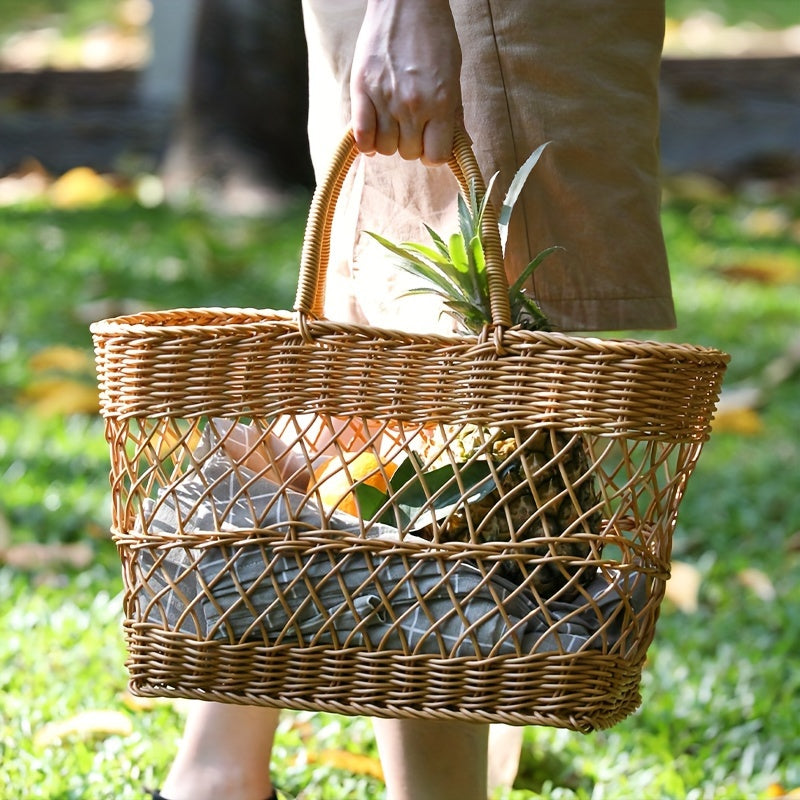 Portable Woven Rattan-Style Plastic Picnic Basket - Lightweight & Sturdy Wicker-Like Outdoor\u002F Use, Brown Shopping Cart for Groceries, Beach, Park, Camping - Durable Woven Basket (No Heavy-Duty)