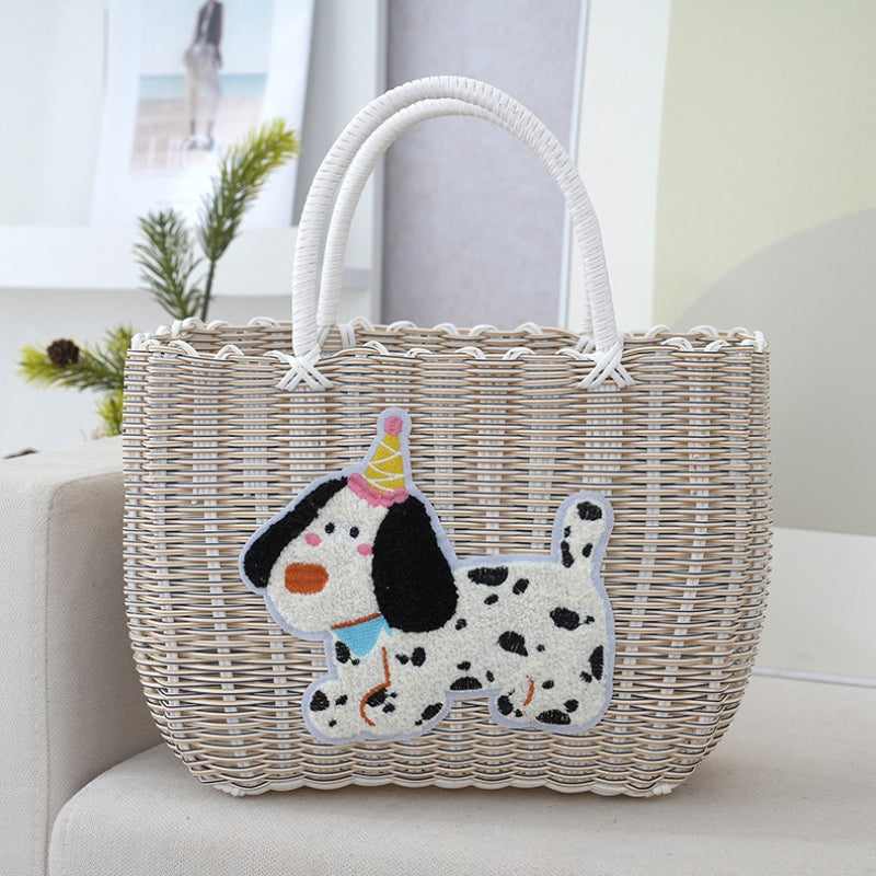 Vintage Plastic Woven Dachshund Shopping Basket | Handheld, Non-Collapsible, 33.81oz-84.54oz Capacity, Ideal for Groceries, Pets, Bath, and Gifts