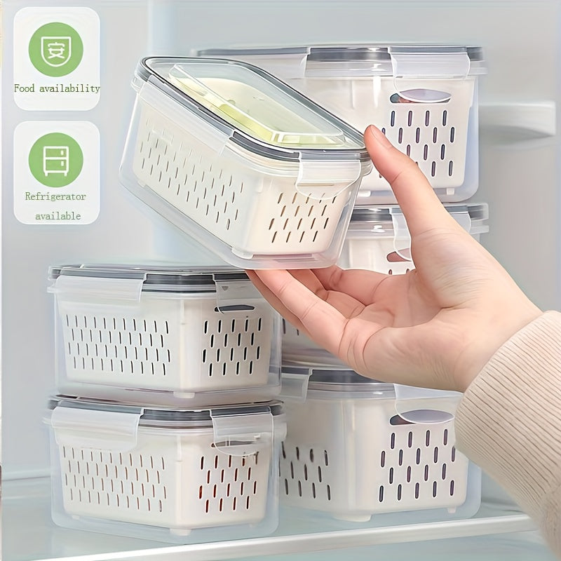 Set of 6pcs Including 2 Containers, 2 Drain Baskets, And 2 Lids. These Food-Grade Storage Boxes Feature a Drainage Function And Are Designed for Breathable Storage. They Are Stackable Household Baskets Suitable for Organizing Fruits, Vegetables