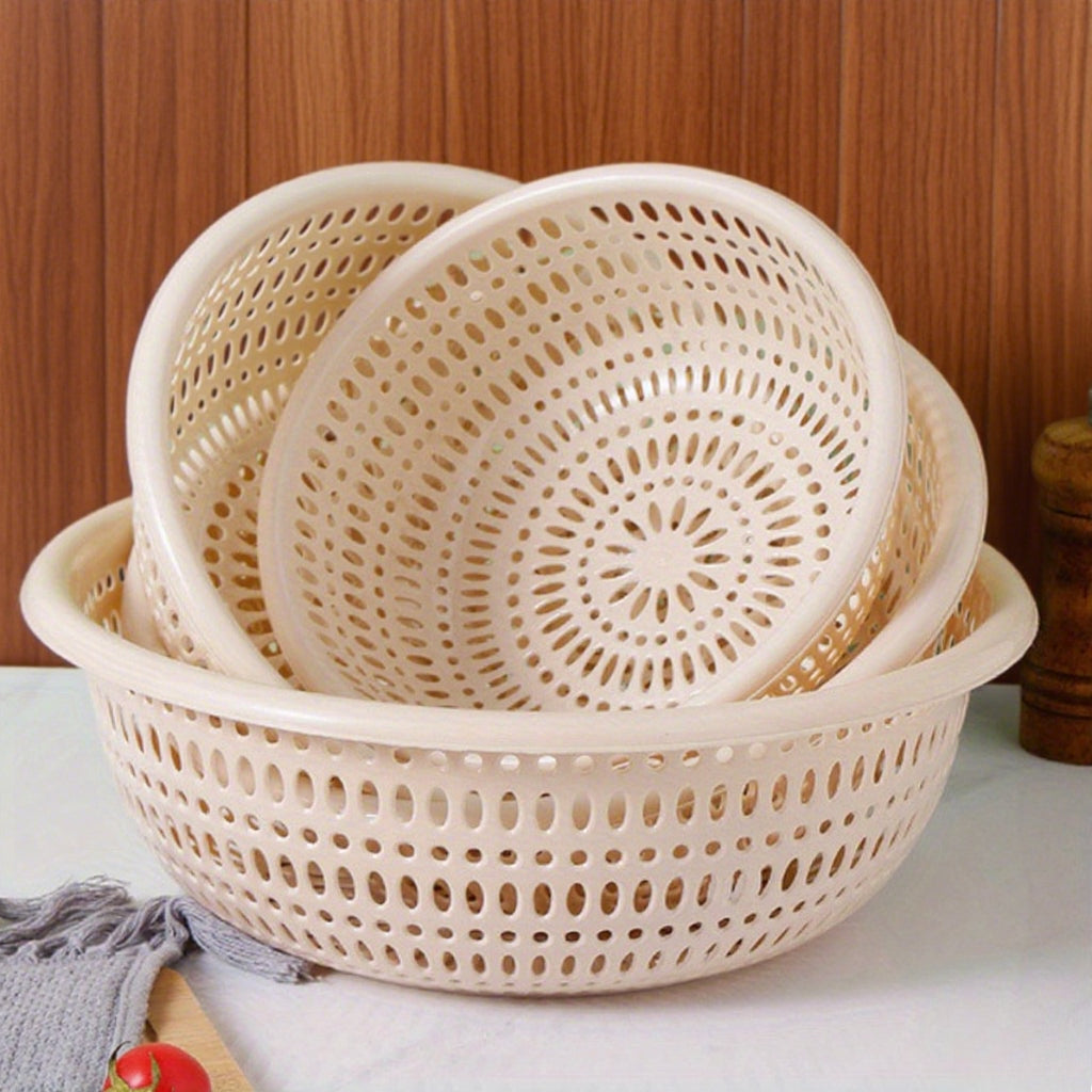 3pcs round rice washing sieve, household thick fruit and vegetable basket, storage and drainage basket, kitchen multifunctional water filtration basket, household simple design