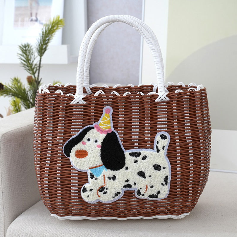 Vintage Plastic Woven Dachshund Shopping Basket | Handheld, Non-Collapsible, 33.81oz-84.54oz Capacity, Ideal for Groceries, Pets, Bath, and Gifts