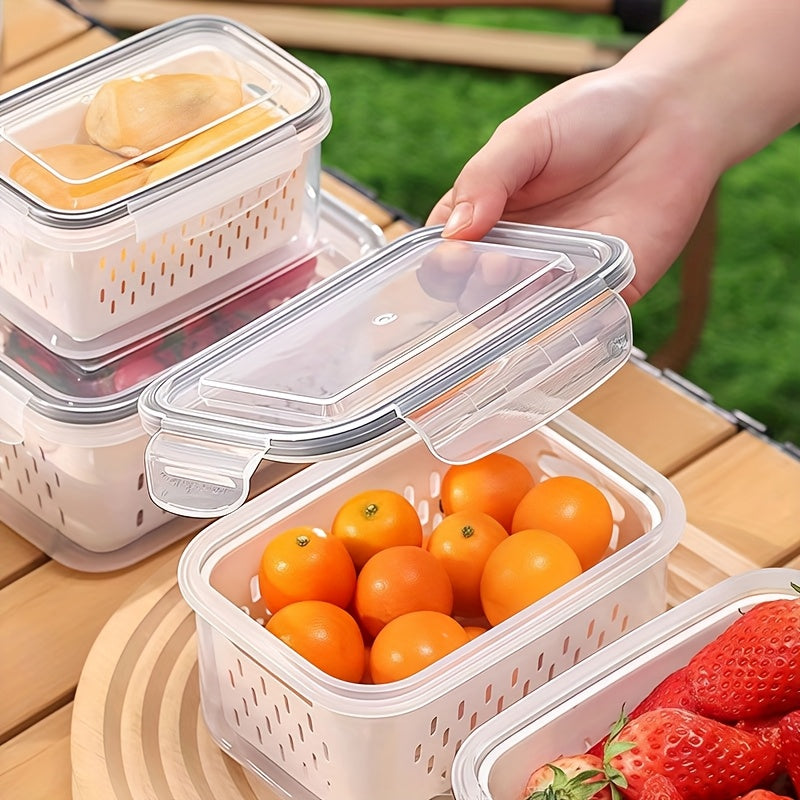 Set of 6pcs Including 2 Containers, 2 Drain Baskets, And 2 Lids. These Food-Grade Storage Boxes Feature a Drainage Function And Are Designed for Breathable Storage. They Are Stackable Household Baskets Suitable for Organizing Fruits, Vegetables