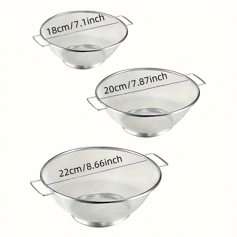 3pcs Stainless steel leak basket, fine mesh filter with handle, metal drain basket, suitable for pasta, vegetables, rice, fruits, kitchen essentials