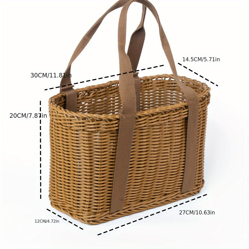 1\u002F3pcs Handmade Shelving Additions - Faux Rattan Woven, Handheld Outdoor Picnic Basket, S Fruit Shopping Grocery Tote, Retro Style with Brown Handle for Outdoor Picnics, Home Storage And Decor, Picnic Essentials Carrier Non-Food Direct Contact