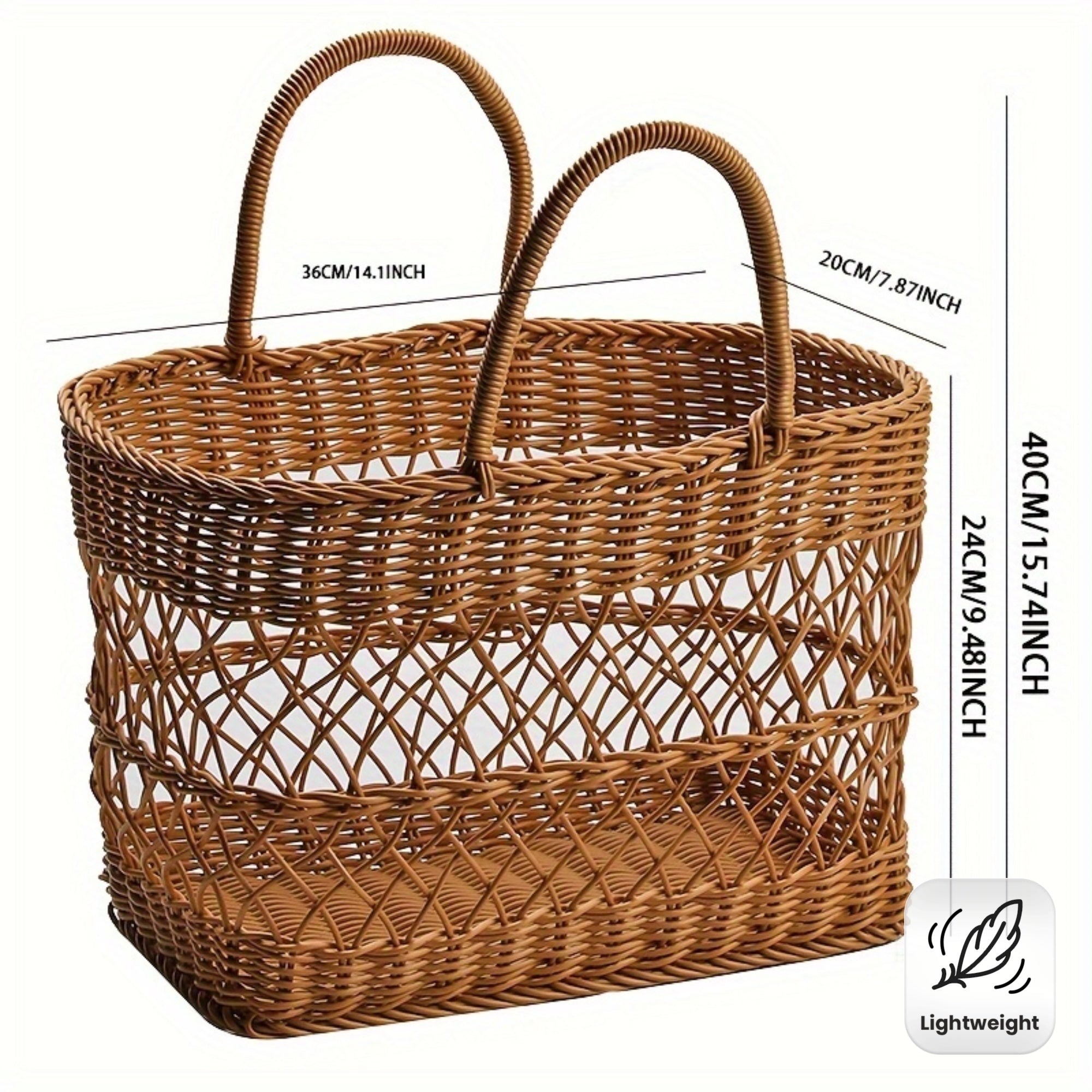 Portable Woven Rattan-Style Plastic Picnic Basket - Lightweight & Sturdy Wicker-Like Outdoor\u002F Use, Brown Shopping Cart for Groceries, Beach, Park, Camping - Durable Woven Basket (No Heavy-Duty)