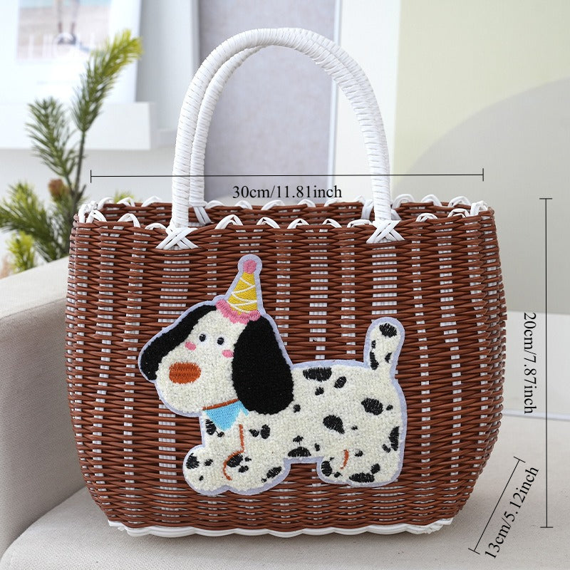 Vintage Plastic Woven Dachshund Shopping Basket | Handheld, Non-Collapsible, 33.81oz-84.54oz Capacity, Ideal for Groceries, Pets, Bath, and Gifts