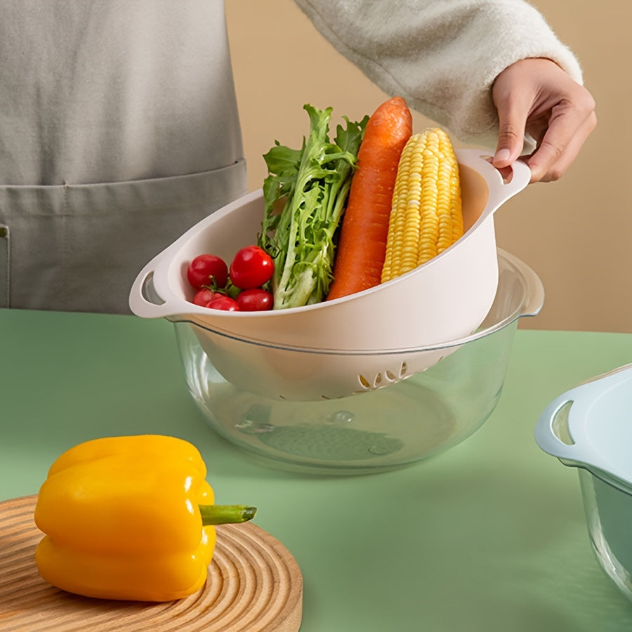Double-Layer Thickened Draining Basket, Multifunctional Vegetable Washing Basin, Kitchen Fruit Draining Bowl, Two-In-One Vegetable Washing Basket And Water Filter