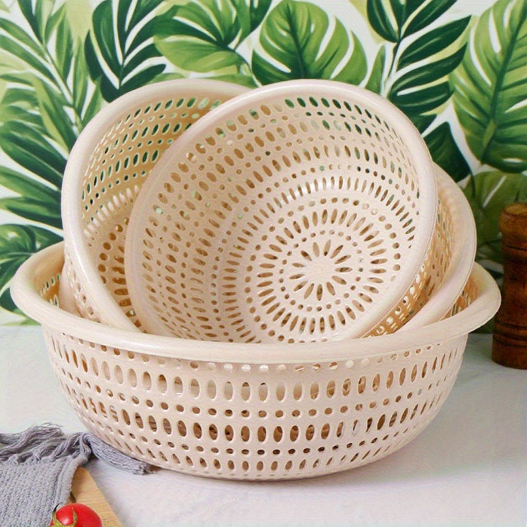 3pcs round rice washing sieve, household thick fruit and vegetable basket, storage and drainage basket, kitchen multifunctional water filtration basket, household simple design