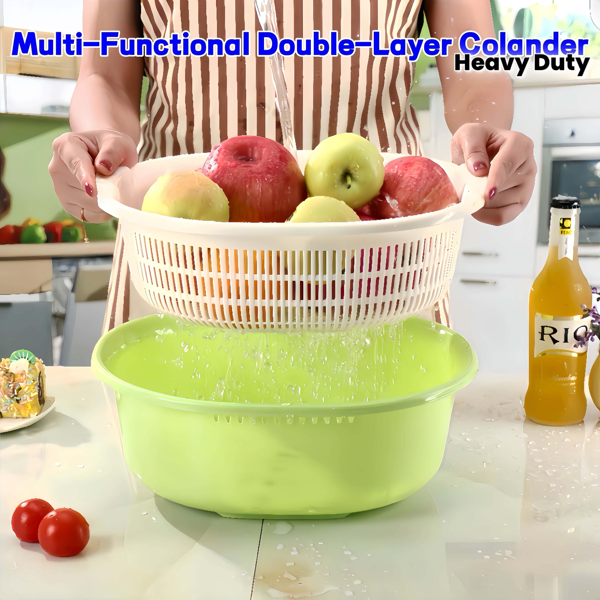 Heavy-Duty Large Capacity Double-Layer Drain Basket with Deep Base & Two-Tier - Heavy-Duty Plastic Kitchen Basket Suitable for Washing Fruits\u002FVegetables, Draining Liquids - Home & Commercial Use