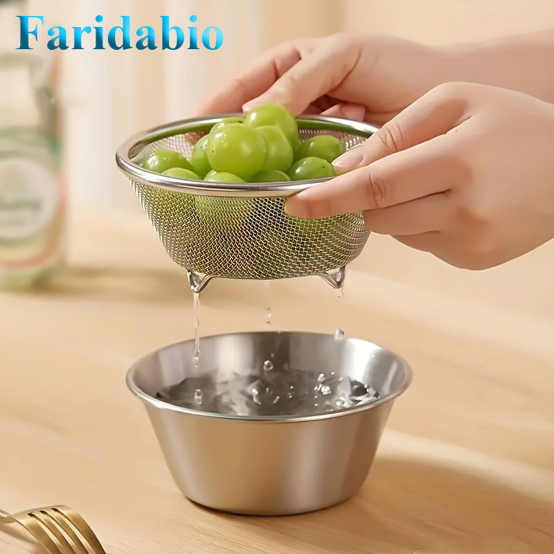 Small Filter Baskets Faridabio 2pcs 304 Stainless Steel Mini Drainage Basket & Bowl Set | Small Filter Baskets for Washing Veggies, Rice | Perfect Kitchen Gadgets