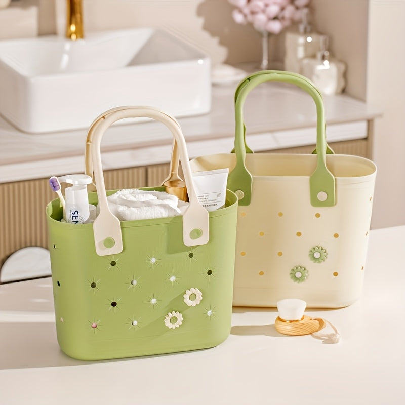 2pcs Floral Tote Bag Floral Pattern Rubber Beach Tote Bag, Durable, Soft Handles, Multipurpose Storage for Bath Essentials, Shopping, Camping - Reusable All-in-One Personal Care Organizer for Home & Travel