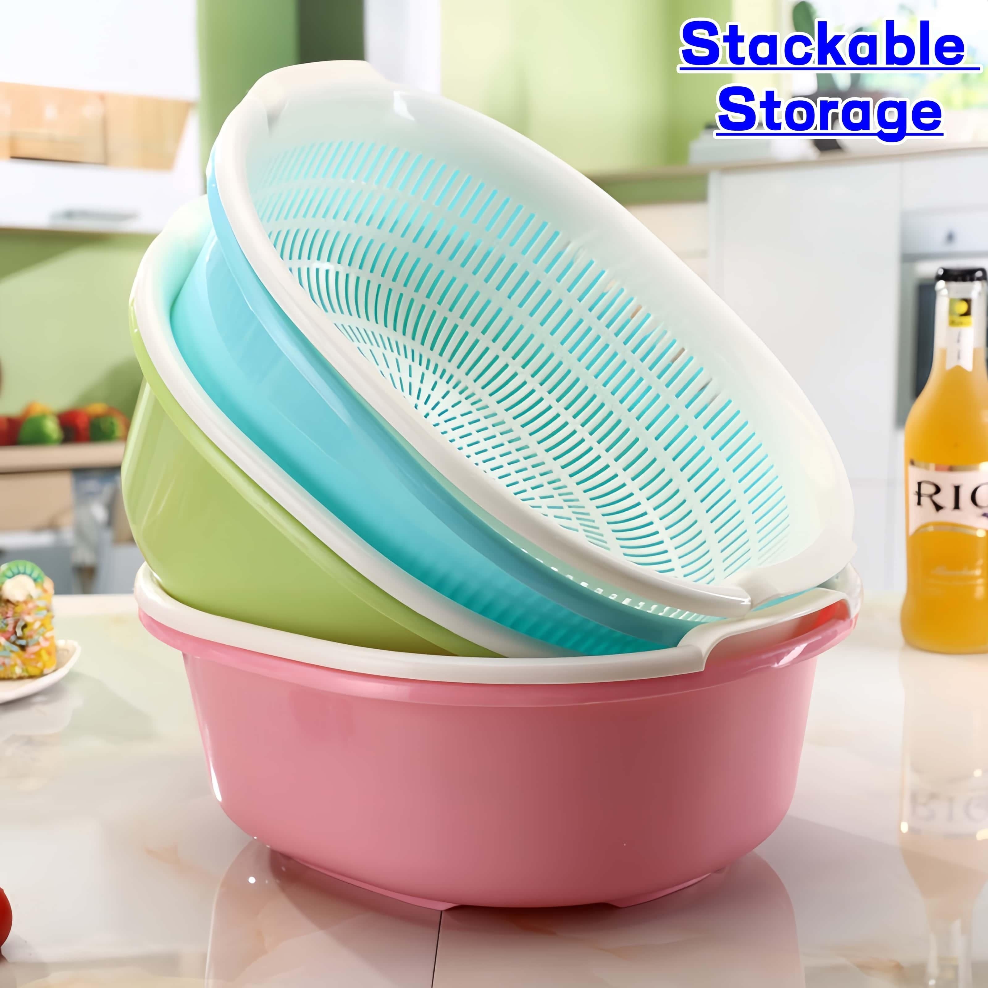 Heavy-Duty Large Capacity Double-Layer Drain Basket with Deep Base & Two-Tier - Heavy-Duty Plastic Kitchen Basket Suitable for Washing Fruits\u002FVegetables, Draining Liquids - Home & Commercial Use