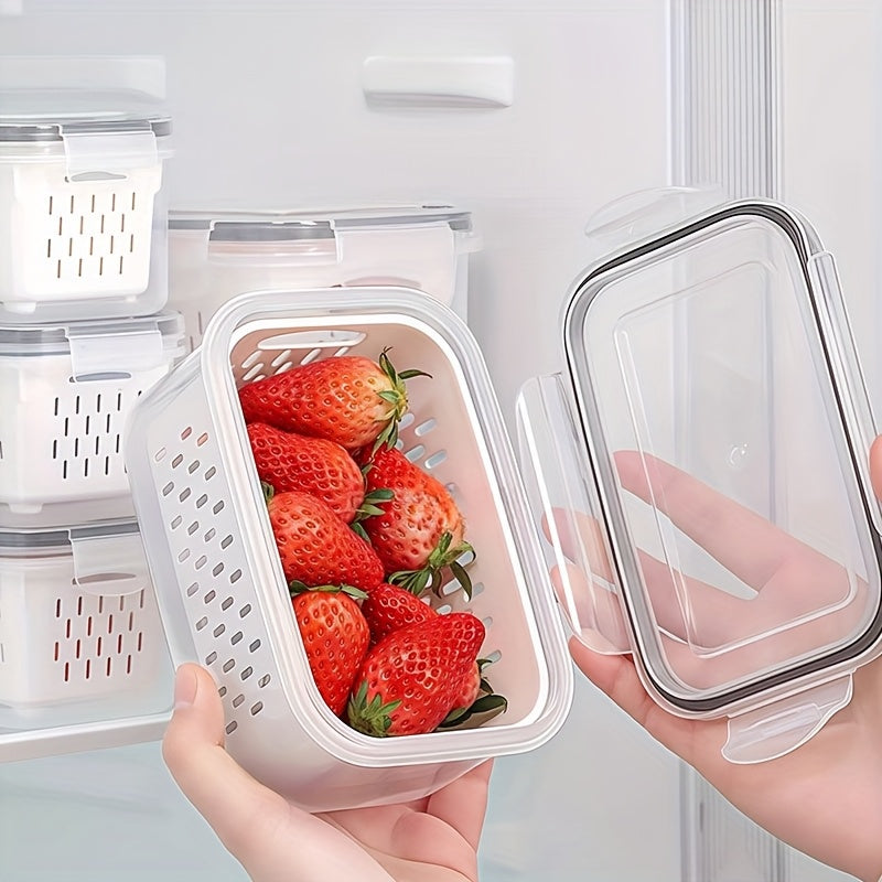 Set of 6pcs Including 2 Containers, 2 Drain Baskets, And 2 Lids. These Food-Grade Storage Boxes Feature a Drainage Function And Are Designed for Breathable Storage. They Are Stackable Household Baskets Suitable for Organizing Fruits, Vegetables