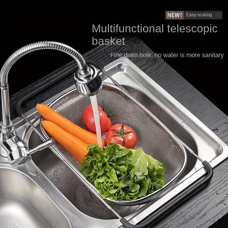 Stainless Steel | Multifunctional 1pc Stainless Steel Multifunctional Colander | Sink Colander, Vegetable Sink Washing Basket, Fruit Drain Basket Rack, Strainer Basket, Adjustable Sink Rack, Kitchen Stuff, Kitchen Gadgets, Kitchen Accessories