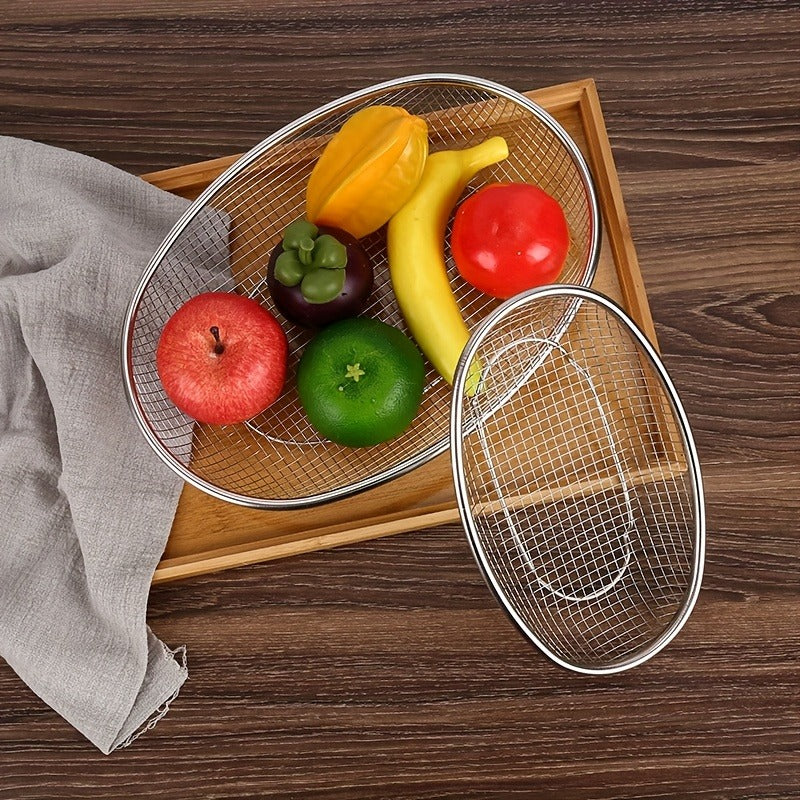 1\u002F2pcs Stainless Steel Elliptical Draining Basket with Drainage Holes - Heavy-Duty Multi- Fruit\u002FVegetable Wash Basket, Snack Storage Container Suitable, Bathroom, Picnic & Travel - Hygienic Drainable Storage Basket, Shelf Baskets