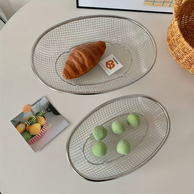 1\u002F2pcs Stainless Steel Elliptical Draining Basket with Drainage Holes - Heavy-Duty Multi- Fruit\u002FVegetable Wash Basket, Snack Storage Container Suitable, Bathroom, Picnic & Travel - Hygienic Drainable Storage Basket, Shelf Baskets