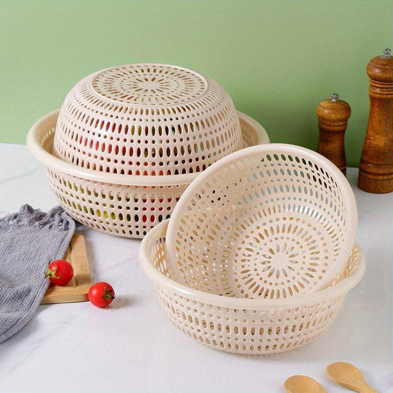 3pcs round rice washing sieve, household thick fruit and vegetable basket, storage and drainage basket, kitchen multifunctional water filtration basket, household simple design