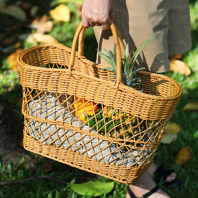 Portable Woven Rattan-Style Plastic Picnic Basket - Lightweight & Sturdy Wicker-Like Outdoor\u002F Use, Brown Shopping Cart for Groceries, Beach, Park, Camping - Durable Woven Basket (No Heavy-Duty)