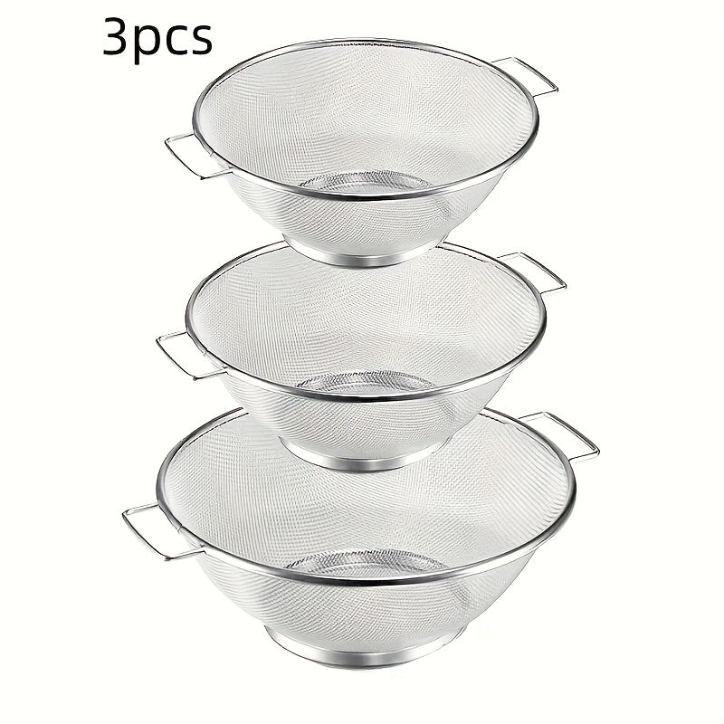 3pcs Stainless steel leak basket, fine mesh filter with handle, metal drain basket, suitable for pasta, vegetables, rice, fruits, kitchen essentials