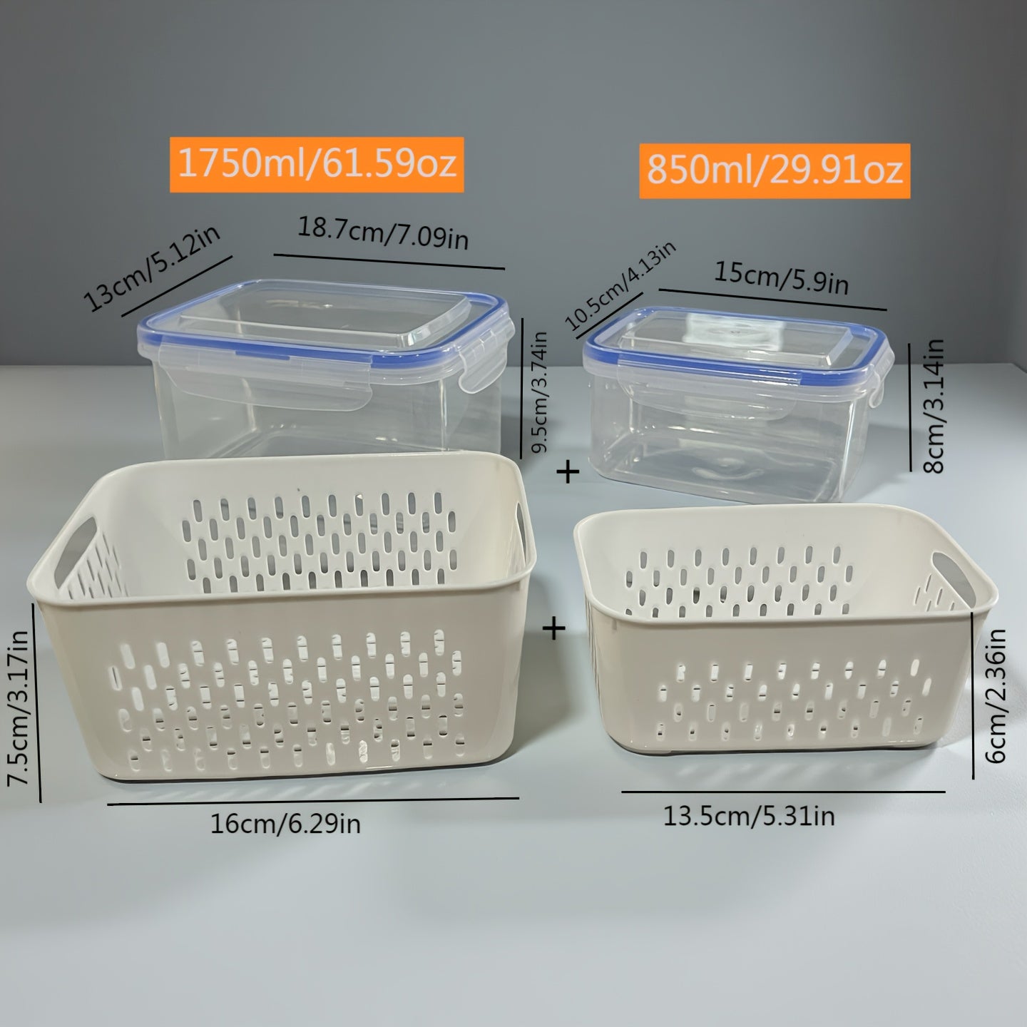 Set of 6pcs Including 2 Containers, 2 Drain Baskets, And 2 Lids. These Food-Grade Storage Boxes Feature a Drainage Function And Are Designed for Breathable Storage. They Are Stackable Household Baskets Suitable for Organizing Fruits, Vegetables