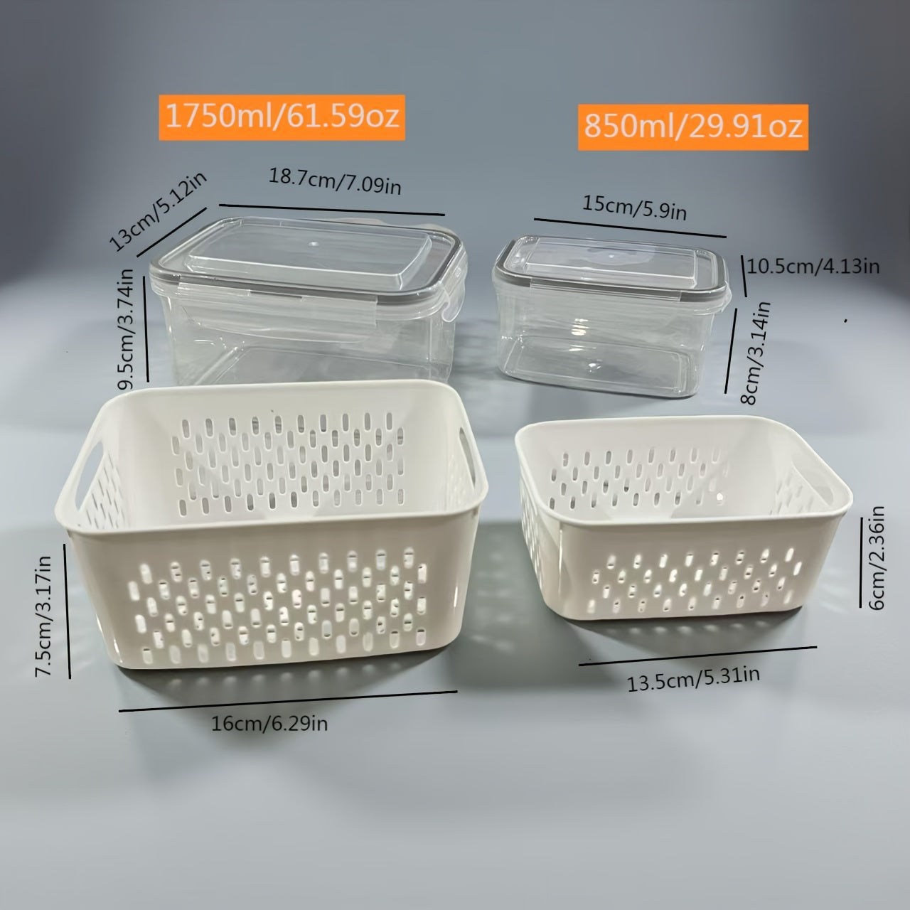 Set of 6pcs Including 2 Containers, 2 Drain Baskets, And 2 Lids. These Food-Grade Storage Boxes Feature a Drainage Function And Are Designed for Breathable Storage. They Are Stackable Household Baskets Suitable for Organizing Fruits, Vegetables