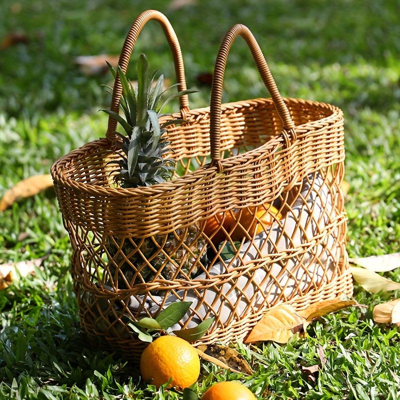 Portable Woven Rattan-Style Plastic Picnic Basket - Lightweight & Sturdy Wicker-Like Outdoor\u002F Use, Brown Shopping Cart for Groceries, Beach, Park, Camping - Durable Woven Basket (No Heavy-Duty)